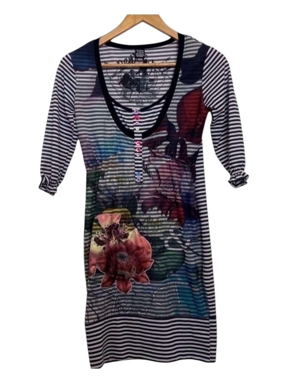 Cute little one Desigual dress 3/4 sleeves striped and floral embellishments XS